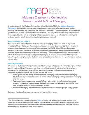 Making a Classroom a Community: Research on Middle School Belonging cover.