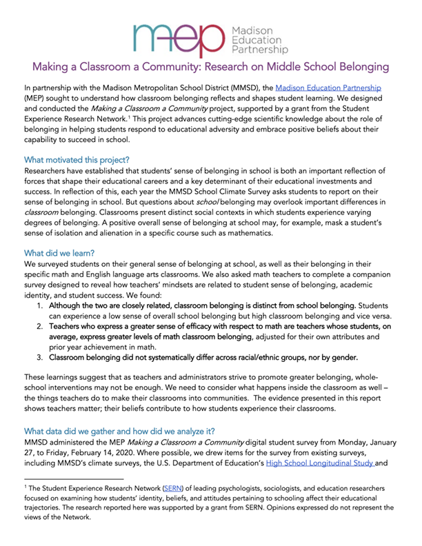 Making a Classroom a Community: Research on Middle School Belonging memo cover.